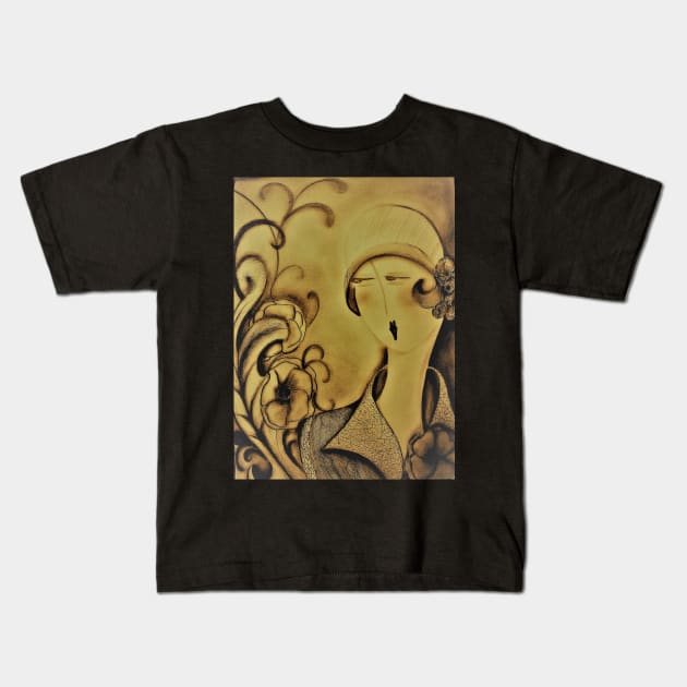 art deco sepia flapper girl lady art design by jackie smith for house of harlequin Kids T-Shirt by jacquline8689